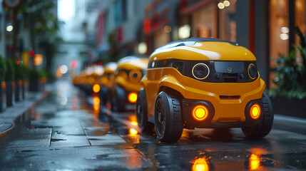 Aufkleber - Autonomous Delivery Robots Lining a Wet Urban Street at Twilight