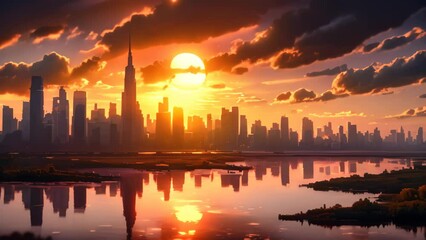 Sticker - Beautiful sunset over the lake with skyscrapers in the background, A hopeful depiction of a sunrise over a city sky, AI Generated