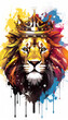 illlustration lion king face , with crown gold , rainbow splash smoke  Generate AI