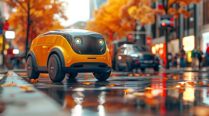Aufkleber - Autonomous Delivery Robot Navigating a Wet Urban Street in Autumn