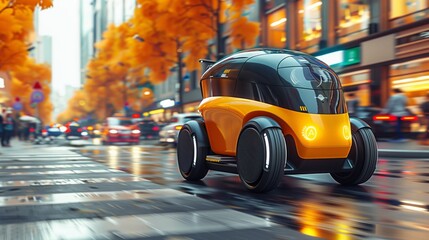 Aufkleber - Autonomous Electric Vehicle Navigating Through a Busy Urban Street in Autumn