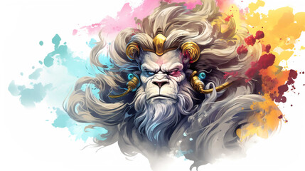 Wall Mural - illlustration monkey king face , with crown gold , rainbow splash smoke   Generate AI