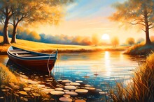  Boat On The River Sunset View ,painting