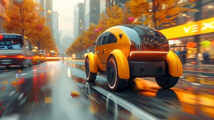 Aufkleber - Autonomous Vehicle Navigating Through Urban Street in Autumn Dusk
