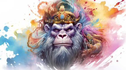 Wall Mural - illlustration monkey king face , with crown gold , rainbow splash smoke   Generate AI