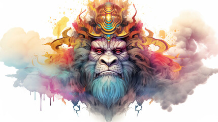 Wall Mural - illlustration monkey king face , with crown gold , rainbow splash smoke   Generate AI