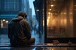 © ProPhotos - In the night rain, a stressed and unhappy individual sits on a wet street, facing the transparent problems of homelessness and unemployment.