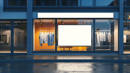 Clothes shop entrance with empty billboard mockup to place text, logo or advertisement
