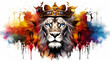 illlustration Tiger king face , with crown gold , rainbow splash smoke , white background , Generate AI