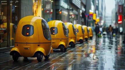 Aufkleber - Rainy Day on the City Sidewalk With a Line of Yellow Automated Delivery Robots