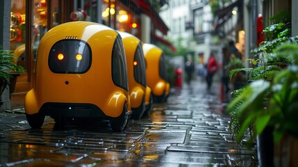 Aufkleber - Autonomous Delivery Robots Navigating a Rainy Cobblestone Street