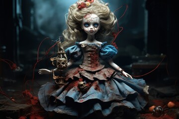 Wall Mural - Sinister charm: a female horror doll posing against haunting ruins.