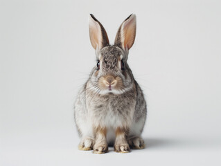 Wall Mural - A domestic rabbit with small ears posed against a stark white background in a studio setting, its soft fur and friendly eyes capturing the essence of a beloved pet 