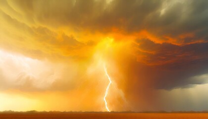 Wall Mural - storm warning weather background banner amazing lightning storm in orange light and dark clouds on sky