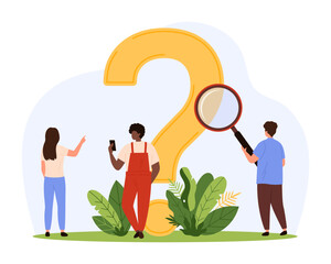 Investigation, Frequently asked questions. Tiny people research problem in FAQ, inspect question mark with magnifying glass to find ideas, inquiry information and answers cartoon vector illustration