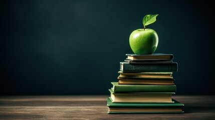 Wall Mural - Stack of books and green apple on wooden table