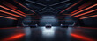 © scaliger - Futuristic garage background, showroom or warehouse with car and neon led light, interior of dark modern hall, panoramic view. Concept of room, studio, technology, future, parking