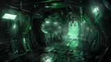 Fototapeta  - Dark corridor with green light in futuristic spaceship, interior of alien spacecraft like in sci-fi horror movie. Concept of future, space, scary room, spooky background