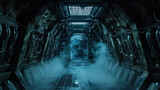 Fototapeta Londyn - Dark corridor with smoke or gas in futuristic spaceship, interior of alien spacecraft like in sci-fi horror movie. Concept of future, space, scary room, fantasy, background