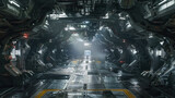 Fototapeta  - Dark metal corridor with equipment in futuristic spaceship, interior of spacecraft like in sci-fi movie. Concept of future, space, industrial room, fantasy, horror