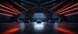 Fototapeta  - Futuristic garage background, showroom or warehouse with car and neon led light, interior of dark modern hall, panoramic view. Concept of room, studio, technology, future, parking