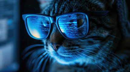 Wall Mural - Funny hacker cat works at computer in dark room, digital data reflected in glasses. Concept of spy, technology, hack, animal, cyber security, scam, crime and virus