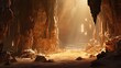 Beautifully Illuminated Mystical Cave Entrance Adorned with Glistening Stalactites and Stalagmites Bathed in Soft Warm Light Evoking a Romantic and