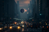 Fototapeta Uliczki - Futuristic Cityscape with Eclipse, Dusk Atmosphere, and Urban Mood, Solar Eclipse 2024, April 8