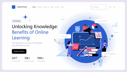 Online education or business courses. Landing page website design. Presentation slide template. E-learning concept. Modern vector illustration concepts for website and mobile website development