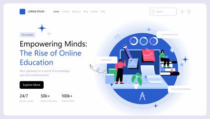 Online education or business courses. Landing page website design. Presentation slide template. E-learning concept. Modern vector illustration concepts for website and mobile website development