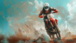 Young man on a powerful motorbike riding off-road in an adrenaline-pumping enduro adventure sport. Wearing protective clothing and a helmet. Navigating the dynamic terrain with speed and energy