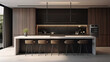 Modern minimalist kitchen with long island with stools. Dark materials. Generate AI