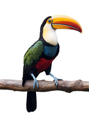 Wall Mural - Vibrant toucan bird with a large beak perched on a wooden branch against a clean, white background.