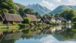 A serene lakeside village with thatched cottages, blooming gardens, and swans gliding over the calm water