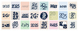 Fototapeta Młodzieżowe - Big Set of 2025 number design template. 2025 Happy New Year logo text design. Vector with black 24 labels logo for diaries, notebooks, calendars, social media. Christmas set of 2025 Happy New Year.