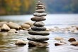 Stacked stones water. Zen relaxation natural outdoor lake. Generate Ai
