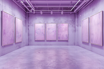 Wall Mural - Gallery walls painted in a soft, lavender grey, hosting four large empty posters, each basking in the glow of ceiling-mounted spotlights. 
