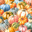 Autumn pumpkins harvest, Hand drawn watercolor seamless pattern