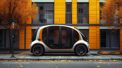 Poster - Autonomous Electric Vehicle Parked in Front of a Modern Orange Building in Autumn