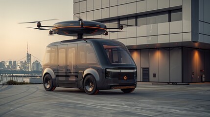 Poster - Autonomous Flying Electric Vehicle on Urban Rooftop at Sunset