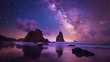Fototapeta  - A breathtaking view of the Milky Way galaxy stretching over a peaceful beach with prominent rock formations and soft ocean tide under a starlit sky