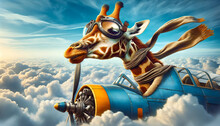A Whimsical Image Of A Giraffe With Aviator Goggles Piloting A Vintage Blue Airplane Through Fluffy Clouds In The Sky.