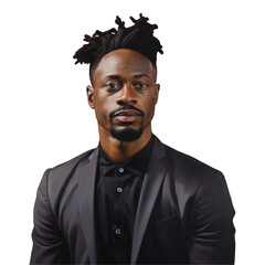 A music artist with dreadlocks is dressed in a formal suit and black shirt, showcasing facial hair on his jaw and moustache. He is ready for an entertainment event on transparent