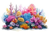 Fototapeta Do akwarium - Cartoon neon coral reef, watercolor sea life adventure, on white