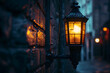 a glowing street lantern in a dark alley, to showcase the atmosphere and mystery of a nighttime cityscape
