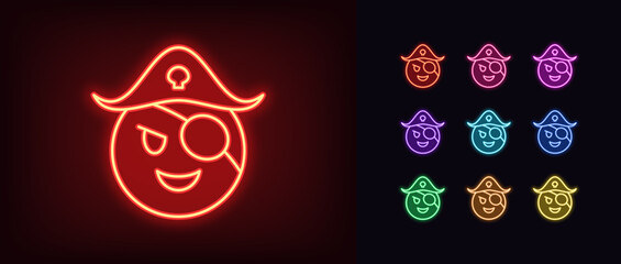 Poster - Outline neon pirate emoji icon set. Glowing neon corsair emoticon with hat and patch on eye. Cute pirate face with laugh, funny corsair emoji and captain with smile, adventure and piracy. Vector icons