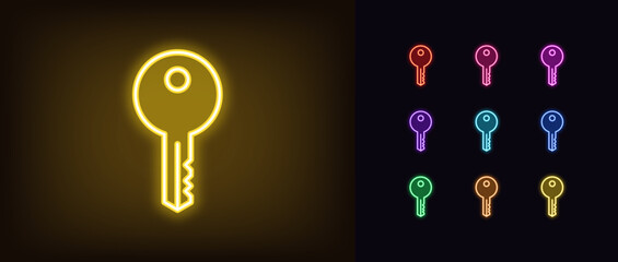Poster - Outline neon door key icon set. Glowing neon key sign for house lock. Unlock access, private security key, admin password. House and apartment rental, secure mortgage, real estate owner. Vector icons