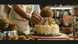 A chef in a professional kitchen delicately sprinkles powdered sugar over an elegantly frosted white cake on a stand.