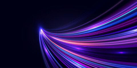 Wall Mural - High-speed light trails effect. Abstract digital technology background. Futuristic high-tech innovation, connection, AI, communication, big data. Pattern for banner, website. Vector eps10.