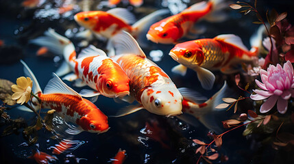 Wall Mural -  a group of koi fish swimming in a large and clear pond, colorful, very beautiful, real, long-tailed and beautiful fish , Generate AI